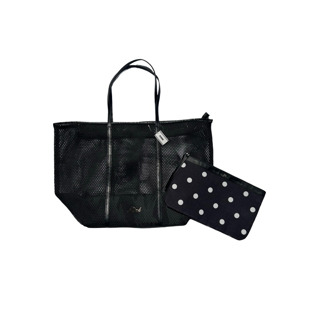 Victorias Secret PINK Black Mesh Tote Bag with Polka Dot Pouch Set NWT
